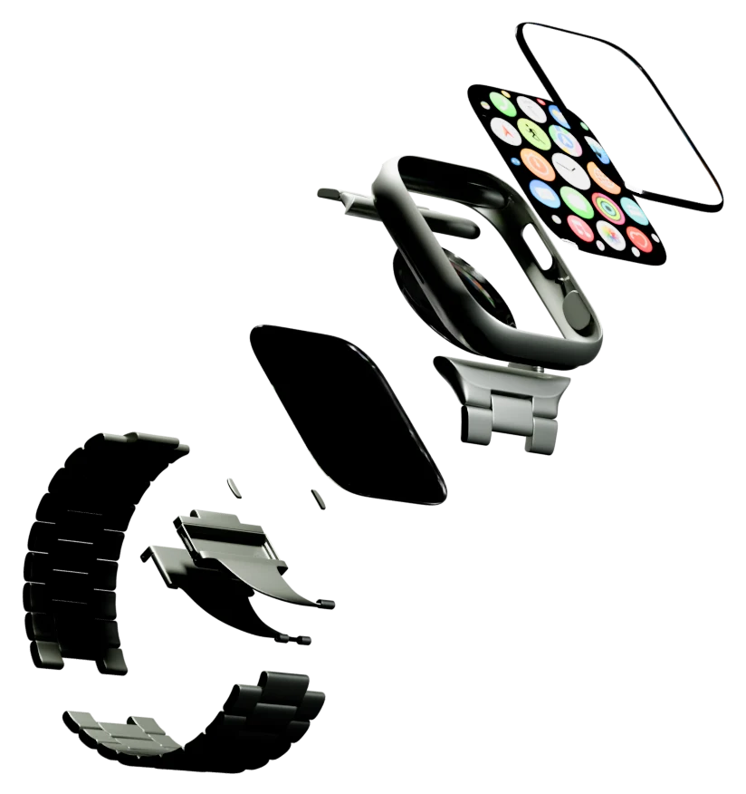 An exploded product render — case, display, back and band separated in space — closing into a finished assembled watch.